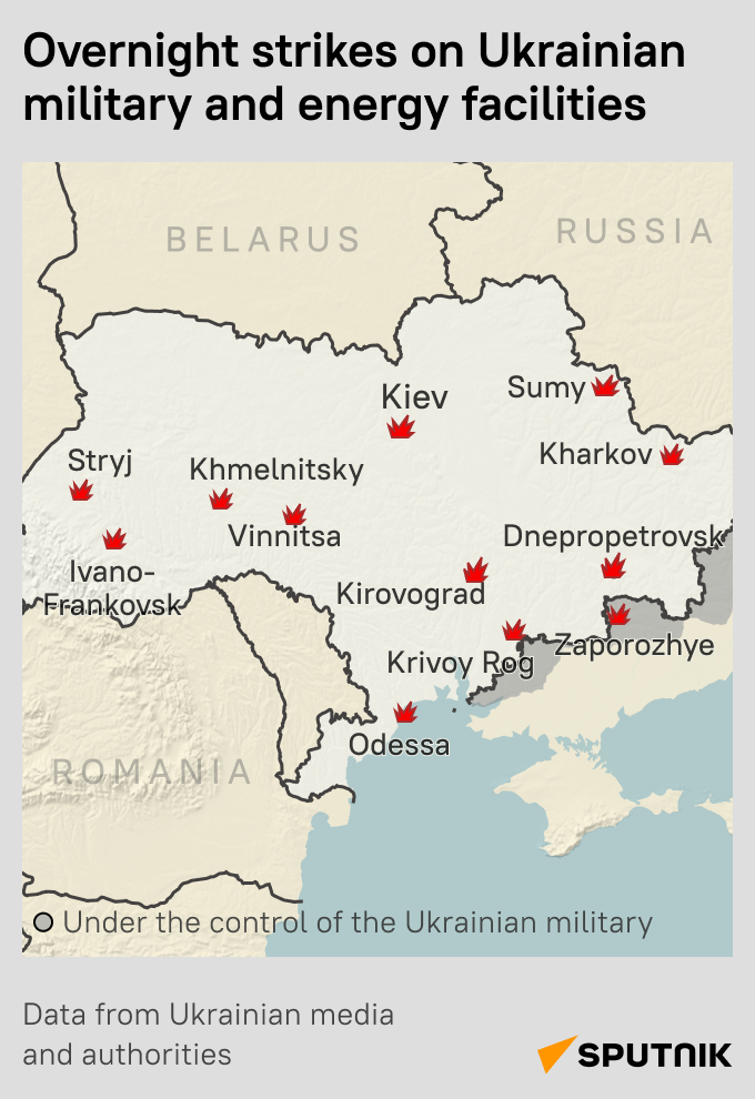 A map of overnight Russian strikes on Ukrainian military and energy facilities, March 22, 2024. - Sputnik International