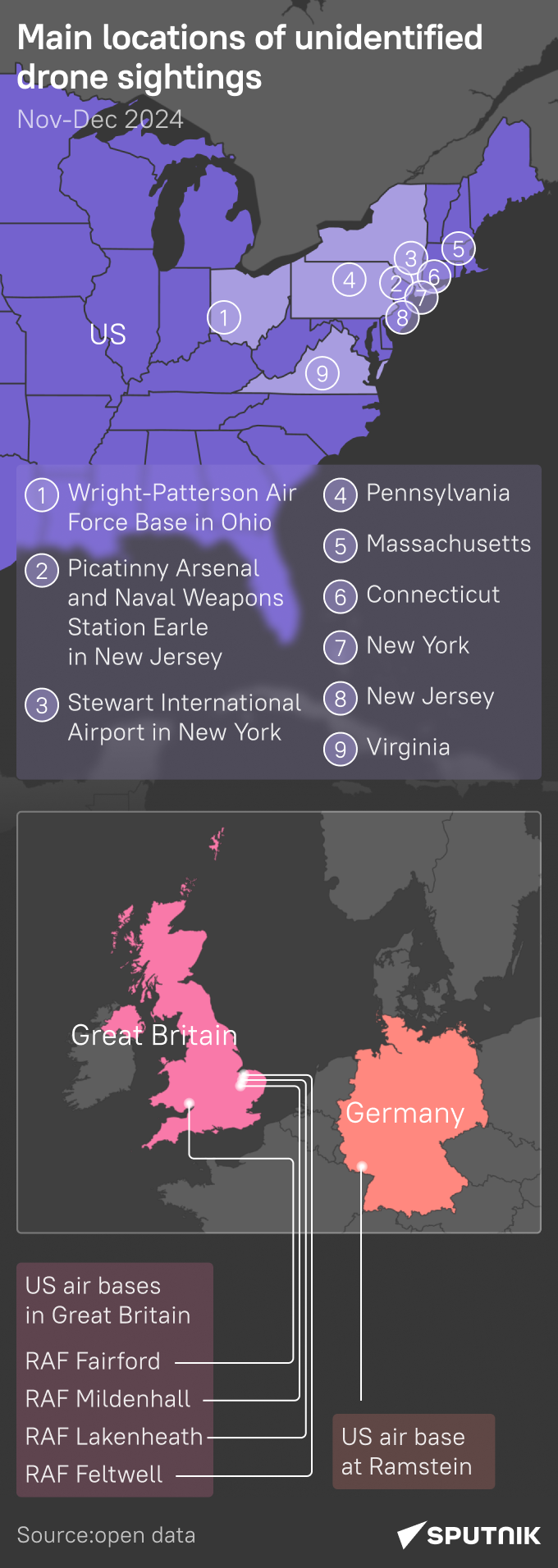 Main Locations of Unidentified Drone Sightings  - Sputnik International