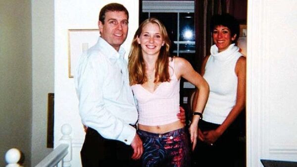 Prince Andrew, Virginia Roberts Giuffre, and Ghislaine Maxwell. This photo was included in an affidavit in which Giuffre alleged that she was directed to have sex with Andrew - Sputnik International
