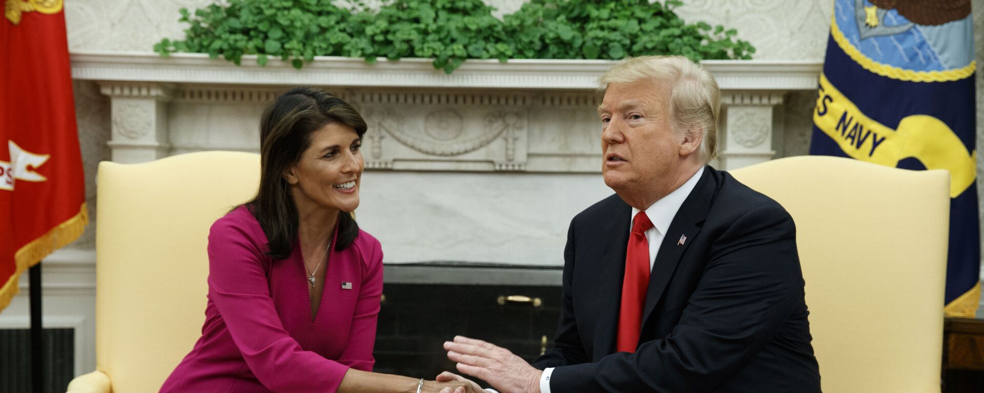 President Donald Trump meets with outgoing U.S. Ambassador to the United Nations Nikki Haley in the Oval Office of the White House, Tuesday, Oct. 9, 2018, in Washington - Sputnik International, 1920, 23.10.2023