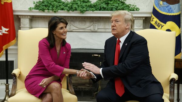 President Donald Trump meets with outgoing U.S. Ambassador to the United Nations Nikki Haley in the Oval Office of the White House, Tuesday, Oct. 9, 2018, in Washington - Sputnik International