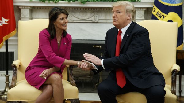 President Donald Trump meets with outgoing U.S. Ambassador to the United Nations Nikki Haley in the Oval Office of the White House, Tuesday, Oct. 9, 2018, in Washington - Sputnik International