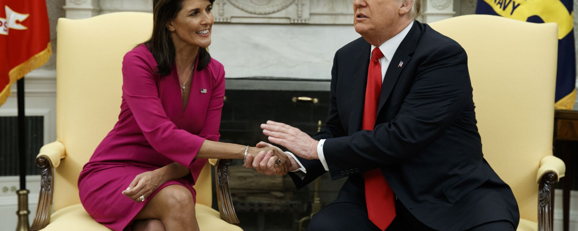 President Donald Trump meets with outgoing U.S. Ambassador to the United Nations Nikki Haley in the Oval Office of the White House, Tuesday, Oct. 9, 2018, in Washington - Sputnik International, 1920, 23.10.2023