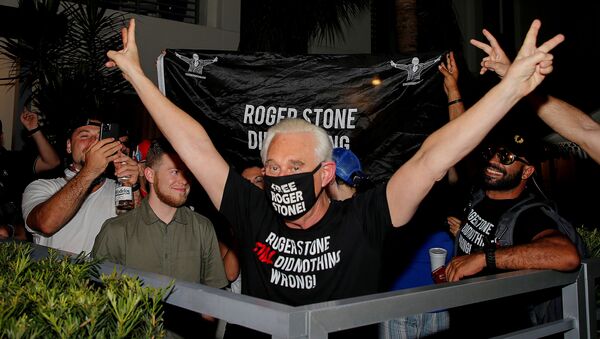 Roger Stone, a longtime friend and adviser of U.S. President Donald Trump, reacts after Trump commuted his federal prison sentence, outside his home in Fort Lauderdale, Florida, U.S. July 10, 2020.  REUTERS/Joe Skipper    - Sputnik International