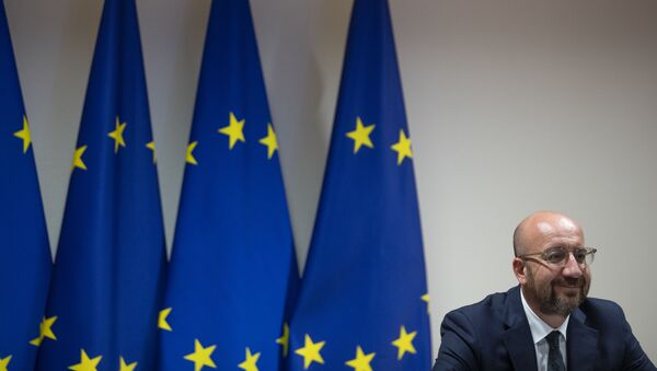 European Council President Charles Michel waits for the start of a videoconference with the European Commission president, prior to EU-UK talks via videoconference, at the European Council building in Brussels on June 15, 2020. - Sputnik International