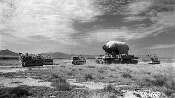 JUMBO, a 120-ton steel vessel designed to contain the explosion of the Trinity bomb's high explosive and permit recovery of the active material in case on nuclear failure, is delivered to the test site in Alamogordo, New Mexico, on July 16, 1945. However, JUMBO was never used for this purpose. - Sputnik International