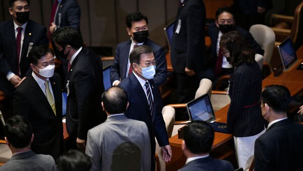 South Korea's President Moon Jae-in leaves after a speech during the opening ceremony of the 21st National Assembly, in Seoul, South Korea July 16, 2020 - Sputnik International