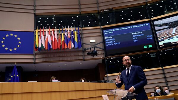 European Council President Charles Michel speaks during a debate about EU financing and economic recovery with EU lawmakers at the European Parliament in Brussels, Belgium July 8, 2020.  - Sputnik International