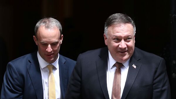 Britain's Foreign Secretary Dominic Raab and U.S. Secretary of State Mike Pompeo leave Downing Street in London, Britain, July 21, 2020 - Sputnik International