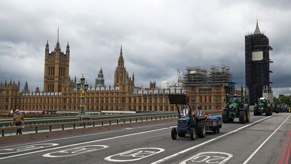 Farmers ride tractors during a demonstration, next to the Houses of Parliament in Westminster in London, Britain, July 8, 2020 - Sputnik International