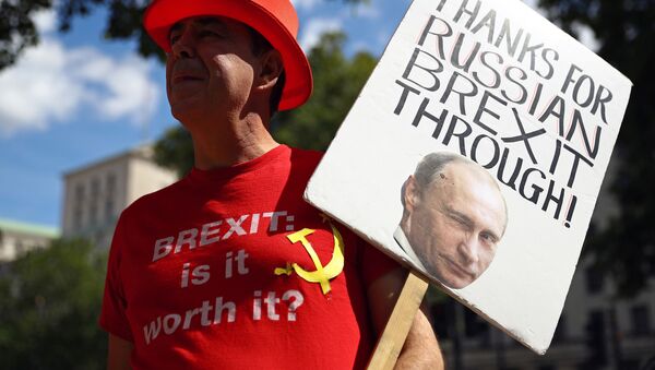 Anti-Brexit demonstrator Steve Bray holds a placard as he protests outside Downing Street in London, Britain, July 21, 2020 - Sputnik International