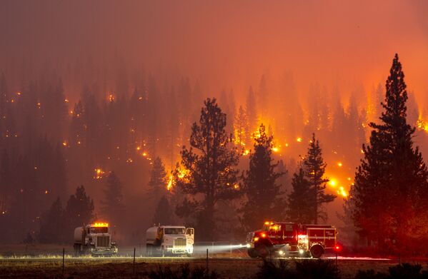 In this long exposure photograph, firefighters m
op up hot spots from the Hog fire along Highway 36 about 5 miles from Susanville, California on 20 July 2020 - Sputnik International