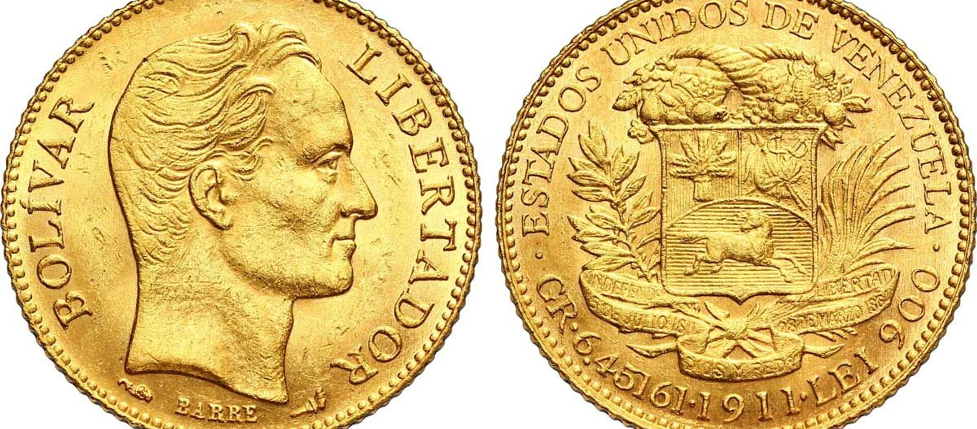 1911 gold 20 bolivares coin featuring the face of Simon Bolivar, a Venezuelan political leader and general who led much of Latin America to independence from the Spanish Empire. - Sputnik International, 1920, 26.02.2021