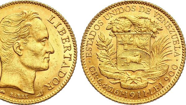 1911 gold 20 bolivares coin featuring the face of Simon Bolivar, a Venezuelan political leader and general who led much of Latin America to independence from the Spanish Empire. - Sputnik International