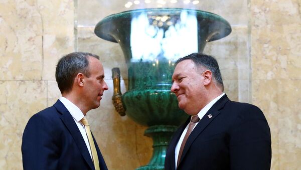 US Secretary of State Mike Pompeo and Britain's Foreign Secretary Dominic Raab speak at Lancaster House in London, Britain, 21 July 2020 - Sputnik International