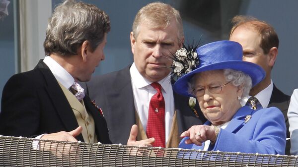 Britain's Queen Elizabeth II, right, talks to her son Prince Andrew, center, as she looks out from the balcony at the end of the Epsom Derby horse race at Epsom racecourse,  England at the start of a four-day Diamond Jubilee celebration to mark the 60th anniversary of  Queen Elizabeth II accession to the throne, Saturday, June 2, 2012 - Sputnik International