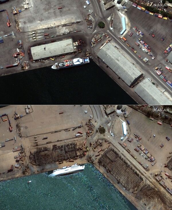 This combination of satellite images courtesy of  Maxar Technologies created on 5 August 2020 shows (top to bottom) a 31 July 2020 photo of the Orient Queen cruise ship before the explosion in Beirut on 4 August 2020, and the cruise ship capsized on 5 August, in the aftermath of the explosion.  - Sputnik International