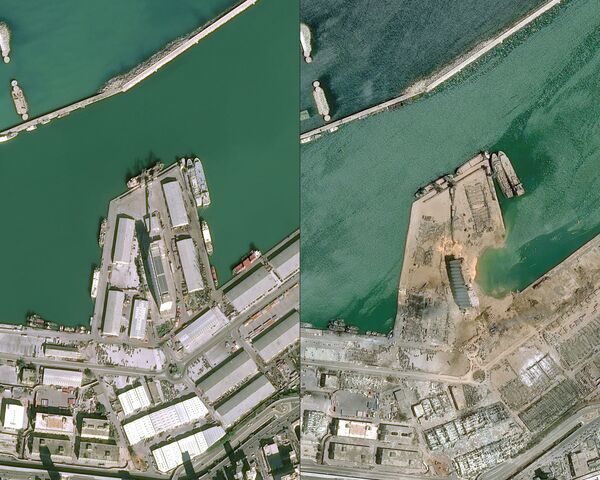 This combo of handout satellite images courtesy of Cnes 2020 released on 5 August 2020 by Airbus DS shows a view of the port of Beirut on 25 January 2020 (L) and on 5 August 2020 a day after a blast in a warehouse in the port of the Lebanese capital  - Sputnik International