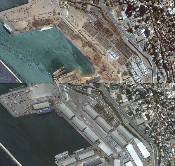 This combination of pictures created on 5 August 2020 shows handout satellite images obtained courtesy of  Maxar Technologies on 5 August 2020 showing an overview of the port after the explosion in Beirut on 5 August 2020 (Top) and an overview of the port area before the explosion(bottom) in Beirut on 2 June 2020.  - Sputnik International