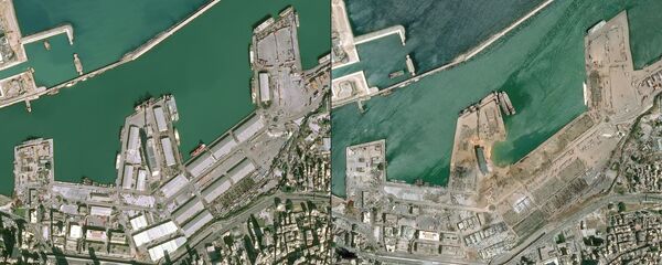 Satellite images courtesy of Cnes 2020 released on 5 August 2020 by Airbus DS show a view of the port of Beirut on 25 January 2020 (L) and on 5 August 2020 a day after a massive blast in a warehouse at the city's port. - Sputnik International