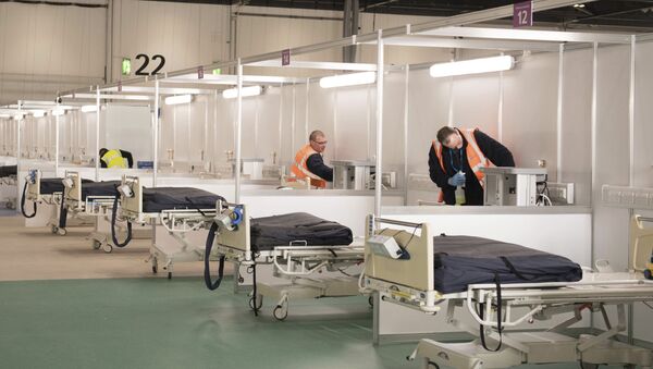 Private contractors help to prepare the ExCel centre which has temporarily been transformed into the NHS Nightingale hospital, in London, Monday, March 30, 2020. The makeshift hospital comprises of two wards with the capacity to hold up to 2,000 people in each - Sputnik International