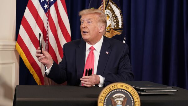 U.S. President Donald Trump speaks after signing executive orders for economic relief during a news conference amid the spread of the coronavirus disease (COVID-19), at his golf resort in Bedminster, New Jersey, U.S., August 8, 2020. - Sputnik International