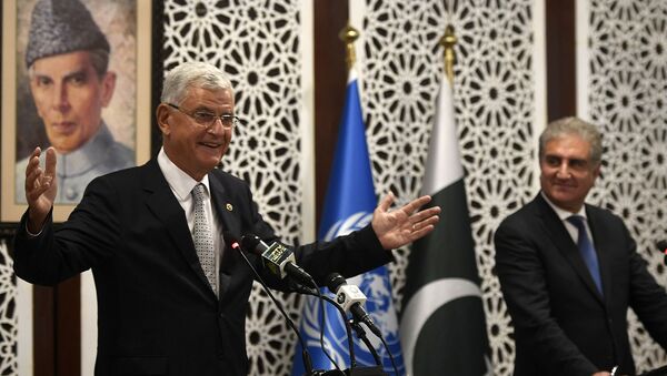 United Nations General Assembly President-elect Volkan Bozkir (L) speaks during a joint press conference with Pakistan's Foreign Minister Shah Mehmood Qureshi in Islamabad on August 10, 2020 - Sputnik International