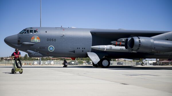 A B-52H Stratofortress assigned to the 419th Flight Test Squadron is undergoes pre-flight procedures at Edwards Air Force Base, California, Aug. 8. The aircraft conducted a captive-carry flight test of the AGM-183A Air-launched Rapid Response Weapon Instrumented Measurement Vehicle 2 at the Point Mugu Sea Range off the Southern California coast. - Sputnik International