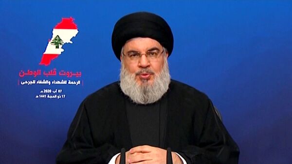 Hezbollah leader Sayyed Hassan Nasrallah gives a televised speech following Tuesday's blast in Beirut's port area, Lebanon August 7, 2020  - Sputnik International