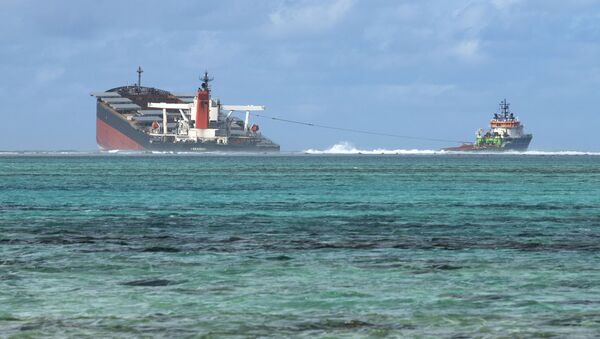 A picture taken on August 15, 2020 near Blue Bay Marine Park, shows the vessel MV Wakashio, belonging to a Japanese company but Panamanian-flagged, that ran aground near Blue Bay Marine Park off the coast of south-east Mauritius. - Sputnik International