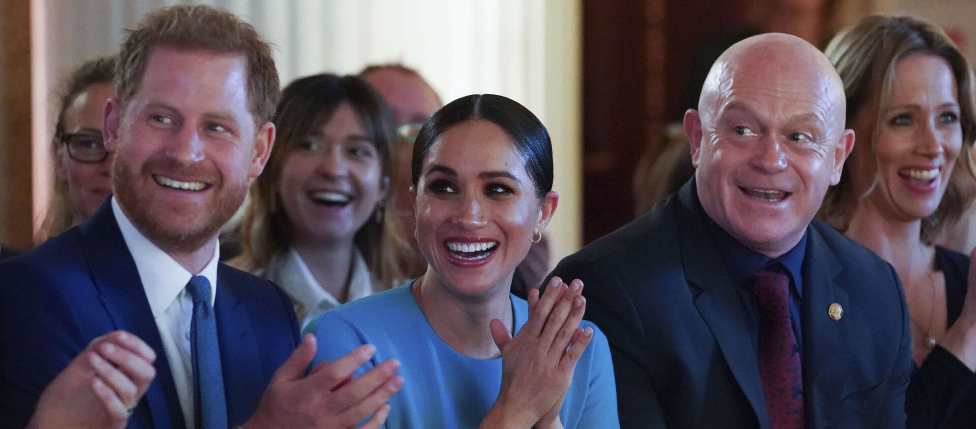 Britain's Prince Harry and Meghan, the Duchess of Sussex, cheer during a marriage proposal at the Endeavour Fund Awards at Mansion House in London, Thursday, March 5, 2020 - Sputnik International, 1920, 29.10.2020