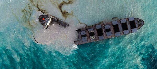 This aerial picture taken on August 16, 2020, shows the MV Wakashio bulk carrier that had run aground and broke into two parts near Blue Bay Marine Park, Mauritius This aerial picture taken on August 16, 2020, shows the MV Wakashio bulk carrier that had run aground and broke into two parts near Blue Bay Marine Park, Mauritius - Sputnik International