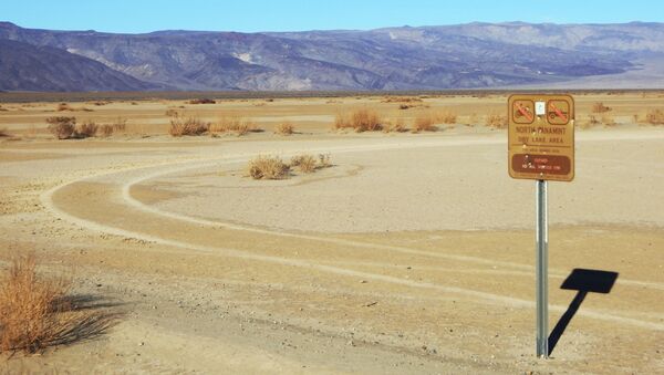 This undated photo provided by the U.S. National Park Service shows vehicle tracks beyond a sign banning vehicles in the North Panamint dry lake area during the recent federal government shutdown in an area of Death Valley National Park, Calif - Sputnik International