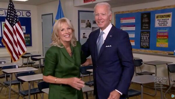 U.S. Democratic presidential candidate Joe Biden and his wife Jill Biden speak from Brandywine High School, where she taught English from 1991 to 1993, during the virtual 2020 Democratic National Convention as participants from across the country are hosted over video links from the originally planned site of the convention in Milwaukee, Wisconsin, U.S. August 18, 2020. - Sputnik International