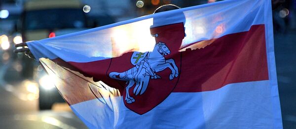A Belarus opposition supporter holds a flag during a rally on the Independence Square, in Minsk, Belarus - Sputnik International