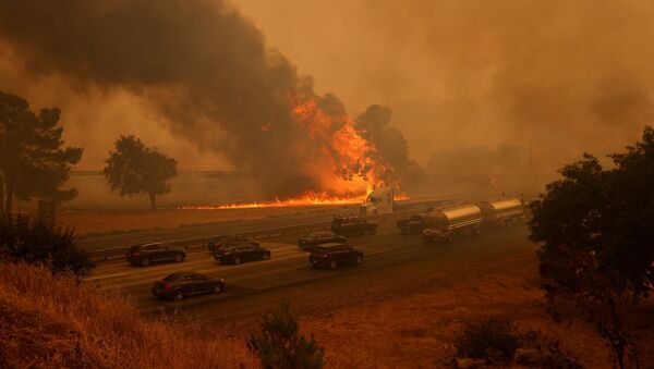 Vehicles are seen along Interstate 80 as flames from the LNU Lighting Complex Fire are seen on both sides on the outskirts of Vacaville, California, U.S. August 19, 2020 - Sputnik International