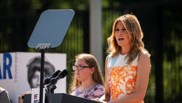 First Lady Melania Trump speaks during an event with young artists who depicted imagery related to the suffrage movement and the 19th Amendment, at the White House in Washington, U.S., August 24, 2020 - Sputnik International