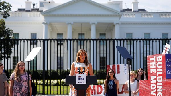 First Lady Melania Trump speaks during an event with young artists who depicted imagery related to the suffrage movement and the 19th Amendment, at the White House in Washington, U.S., August 24, 2020.  - Sputnik International