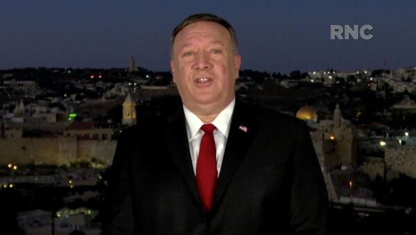 U.S. Secretary of State Mike Pompeo speaks by video feed from Jerusalem during the largely virtual 2020 Republican National Convention broadcast from Washington, U.S. August 25, 2020 - Sputnik International