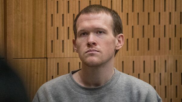 Brenton Tarrant, the gunman who shot and killed worshippers in the Christchurch mosque attacks, listens as Crown prosecutor Mark Zarifeh delivers his submission during Tarrant's sentencing at the High Court in Christchurch, New Zealand, August 27, 2020 - Sputnik International