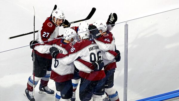 Aug 26, 2020; Edmonton, Alberta, CAN; The Colorado Avalanche celebrate a goal \by right wing Mikko Rantanen (96) during the third period against the Dallas Stars in game three of the second round of the 2020 Stanley Cup Playoffs at Rogers Place. - Sputnik International