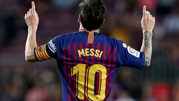 Barcelona's Lionel Messi celebrates scoring their third goal on 18 August 2018  - Sputnik International