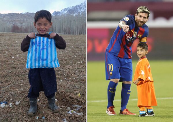 This combination of pictures created on December 14, 2016 in Paris shows then five-year-old Afghan boy and Lionel Messi fan Murtaza Ahmadi posing with his plastic bag jersey in Jaghori district of Ghazni province in a photograph provided by the boy's family and taken on January 24, 2016 (L), and FC Barcelona's Argentine forward Lionel Messi talking to Murtaza Ahmadi on the pitch before the start of a friendly football match against Saudi Arabia's Al-Ahli FC on December 13, 2016 in the Qatari capital Doha. - Sputnik International