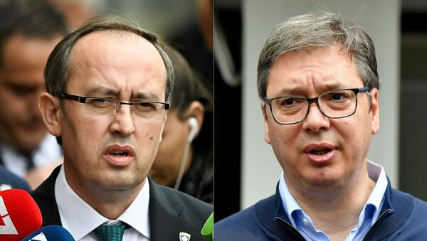 This combination of file photographs created on July 6, 2020 shows (L) newly elected Kosovo Prime Minister Avdullah Hoti as he speaks to the media in Pristina on June 3, 2020 and (R) Serbian President Aleksandar Vucic addressing the media outside a polling station in Belgrade on June 21, 2020. - The United States hopes to foster a breakthrough in talks between Balkan war foes Kosovo and Serbia as leaders of the two countries meet at the White House September 3 and September 4, 2020. More than two decades after their bloody ethnic conflict, Serbia refuses to recognize the independence that its former province Kosovo declared in 2008. - Sputnik International