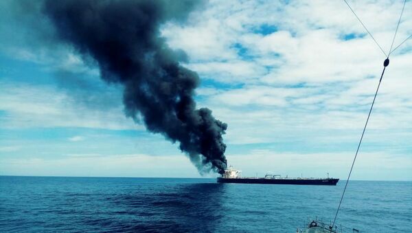 The New Diamond, a very large crude carrier (VLCC) chartered by Indian Oil Corp (IOC) that was carrying the equivalent of about 2 million barrels of oil, is seen after a fire broke out, off the east coast of Sri Lanka September 3, 2020.  - Sputnik International