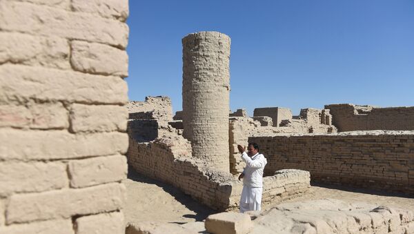 In this photograph taken on February 9, 2017, Pakistani caretaker at the UNESCO World Heritage archeological site of Mohenjo Daro, Ismail Mugheri, points out a two-story well at the site some 425 kms north of Karachi.  - Sputnik International
