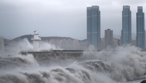 High waves caused by Typhoon Haishen crash at seawall in Busan, South Korea, September 7, 2020. - Sputnik International