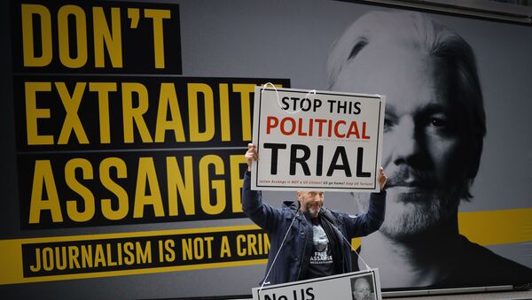 A demonstrator protests outside of the Old Bailey court in central London on September 8, 2020, on the second day of the resumption of WikiLeaks founder Julian Assange's extradition hearing. - Lawyers for WikiLeaks founder Julian Assange on Monday failed to persuade a British judge to throw out new US allegations against him, as he resumed his fight to avoid extradition to the United States for leaking military secrets. Protesters gathered outside London's Old Bailey court as the 49-year-old Australian was brought in, brandishing placards reading Don't Extradite Assange and Stop this political trial. - Sputnik International