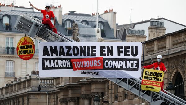 Greenpeace activists stand on a fire truck during an action in front of the Elysee Palace to protest against the ongoing damage to the Amazon rain forest, in Paris, France, September 10, 2020. The slogan reads Amazon on fire. Macron still complicit. - Sputnik International
