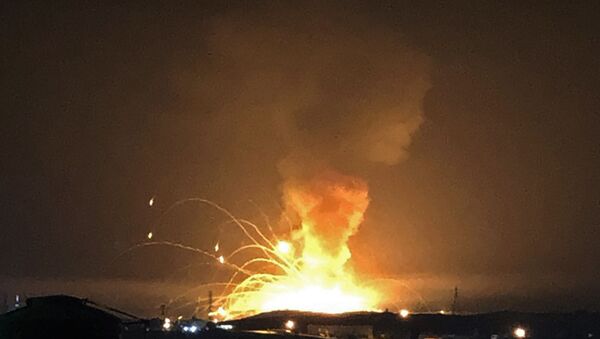 This images taken and received from Twitter user @saleh_monther early on September 11, 2020 shows an explosion at a military numitions depot in the city of Zarqa, 25 kilometres (15 miles) east of the capital Amman - Sputnik International